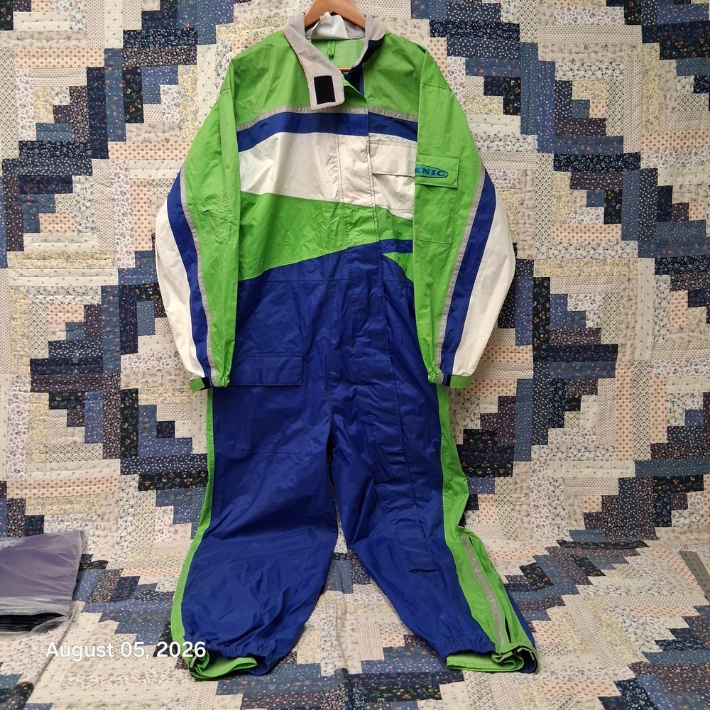Vintage 1995 Teknic Tornado Motorcycle Rain Suit Mens Large Green Blue One Piece - Picture 2 of 15